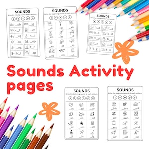 Páginas de actividades de sonidos fáciles para niños, páginas de actividades para niños pequeños, hojas de trabajo imprimibles para jardín de infantes en tamaños Carta y A4.
