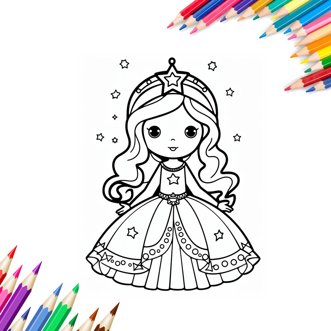 Easy Cute Little Princess Coloring Pages for Kids, 40 Kawaii Coloring ...