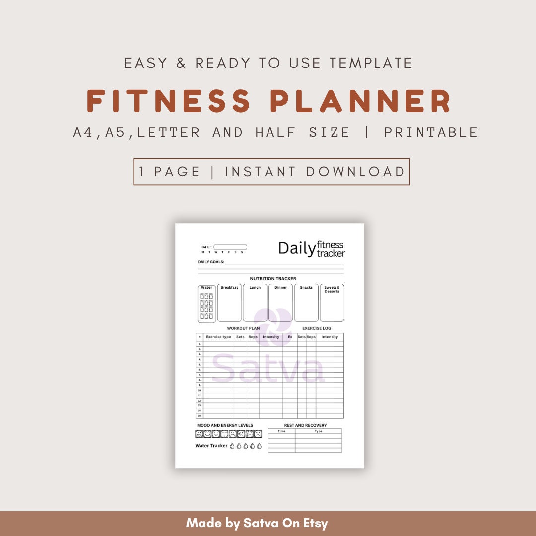 Workout Planner Printable: Fitness & Meal Tracker (A4, A5, Letter, Half ...