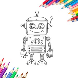 Puede incluir: Un dibujo en blanco y negro de un robot con una cara sonriente. El robot tiene una cabeza redonda con una sola antena, un cuerpo rectangular con un gran ojo redondo en el centro, y dos brazos y dos piernas.