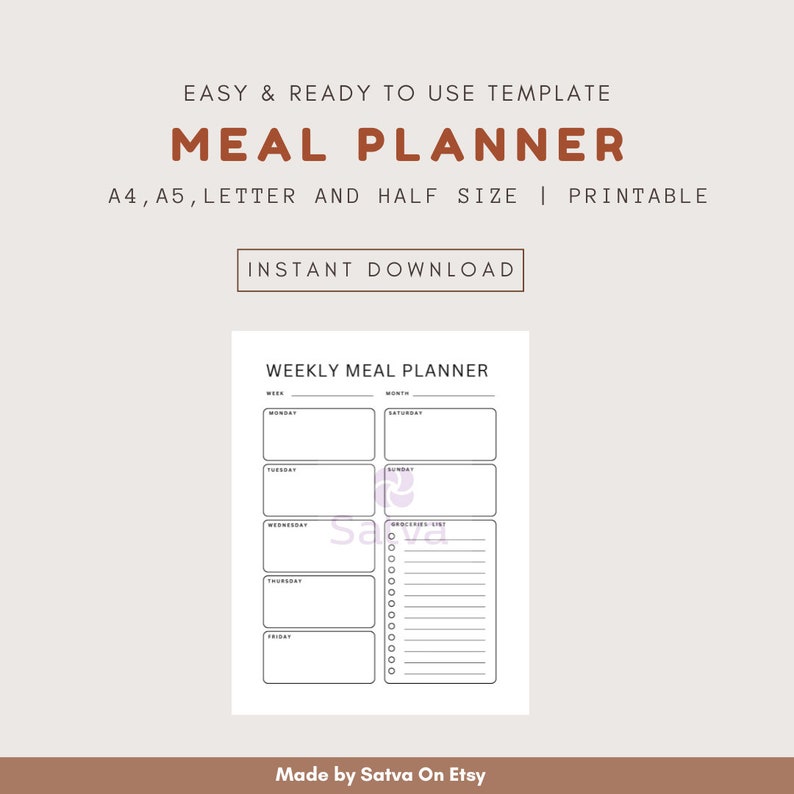 Weekly Meal Planner Printable: Groceries List, A4/a5/letter Sizes ...