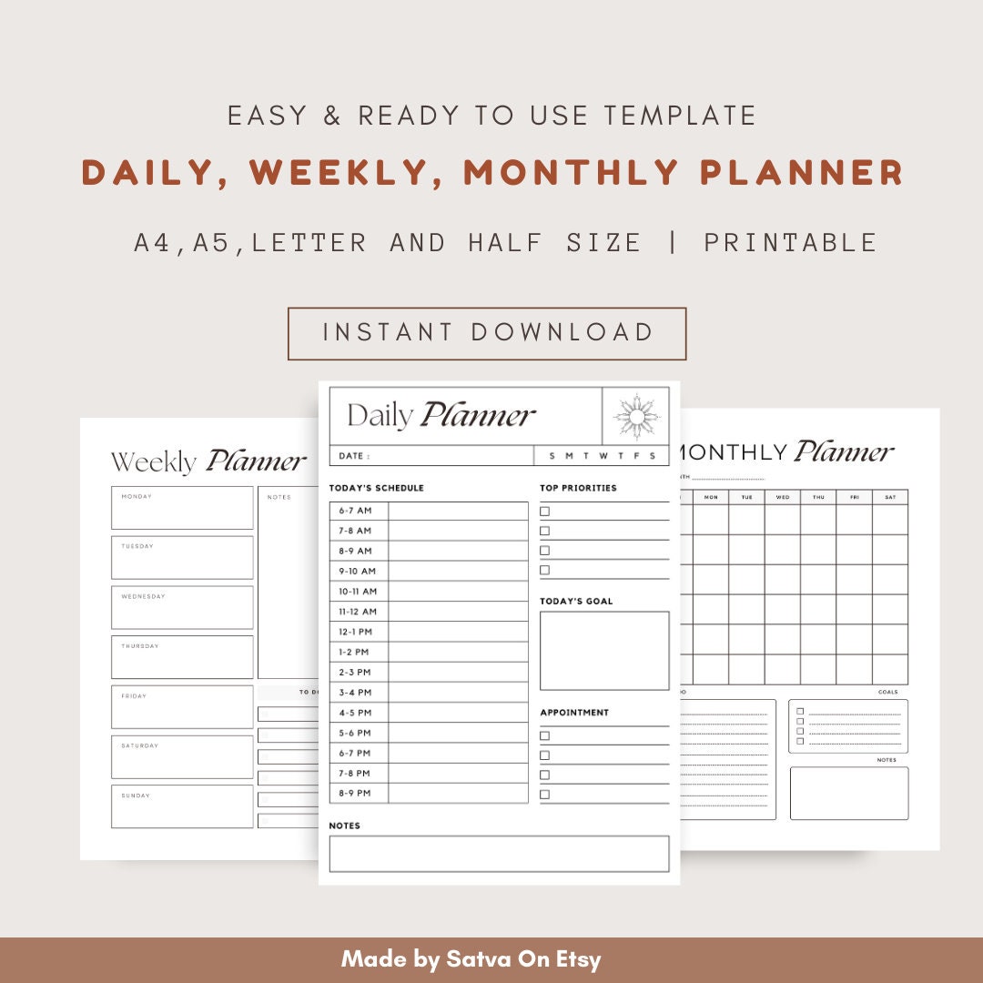 Printable Daily, Weekly, Monthly Planner Bundle (digital Download) - Etsy