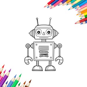 Puede incluir: Un dibujo en blanco y negro de un robot con grandes ojos redondos y un cuerpo cuadrado. El robot tiene dos brazos con manos y dos piernas con pies. El robot est&aacute; listo para ser coloreado.