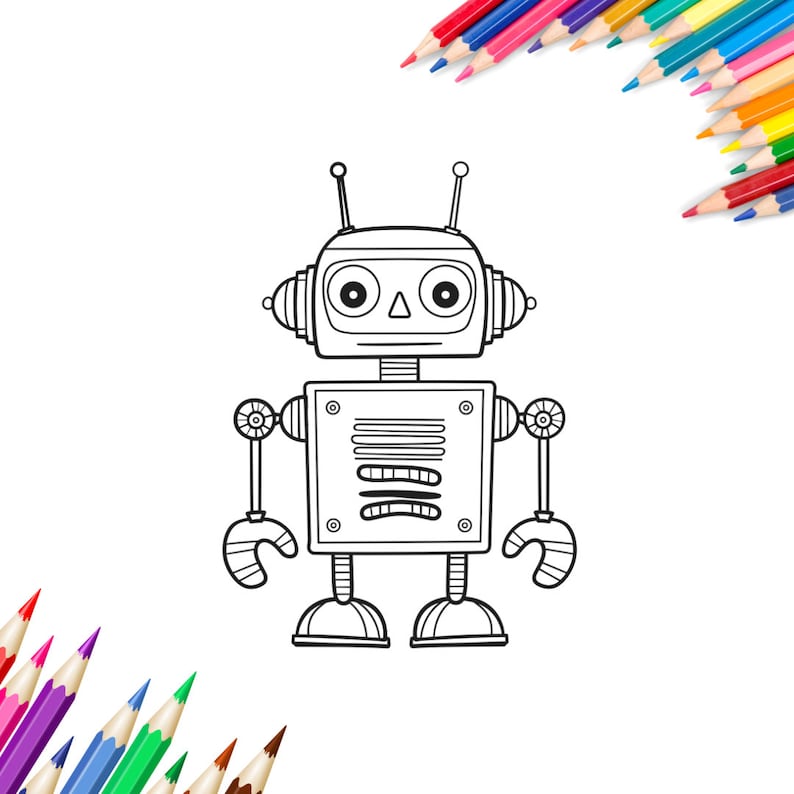 Puede incluir: Un dibujo en blanco y negro de un robot con grandes ojos redondos y un cuerpo cuadrado. El robot tiene dos brazos con manos y dos piernas con pies. El robot est&aacute; listo para ser coloreado.