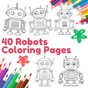 Páginas para colorear de robots fáciles para niños, 40 páginas para colorear de robots de alta calidad, imprimibles en tamaño A4 y Carta.