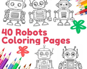 Pode incluir: Um conjunto de 40 páginas para colorir de robôs com desenhos em preto e branco de robôs com diferentes expressões e designs. O título "40 Robots Coloring Pages" está escrito em letras vermelhas na parte inferior da imagem.