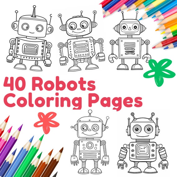 40 Robot Coloring Pages for Kids (A4/Letter Size) (Printable)