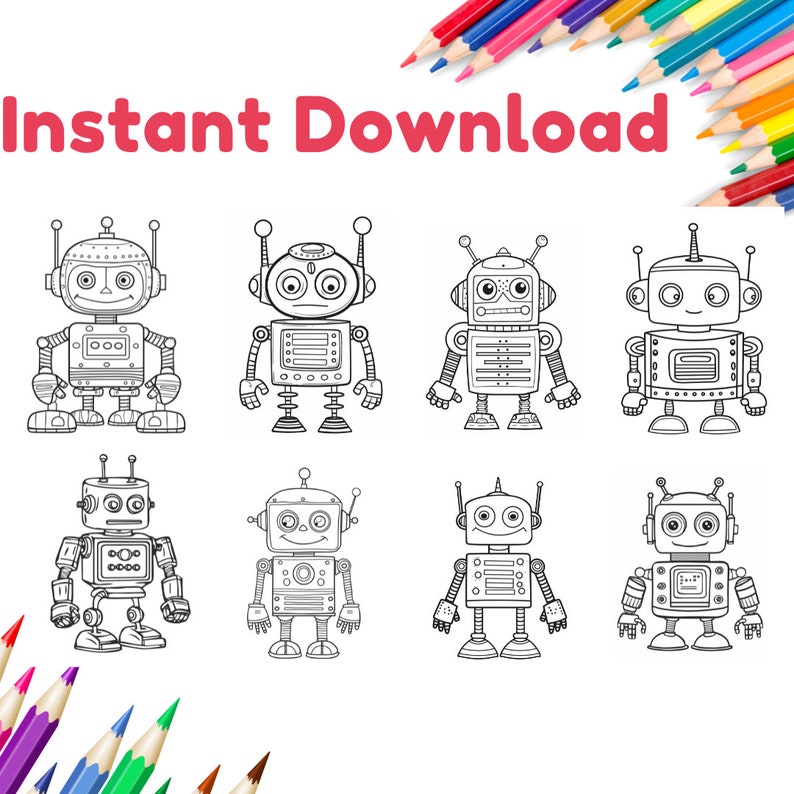 Puede incluir: Ocho dibujos en blanco y negro de robots con diferentes dise&ntilde;os. Los robots est&aacute;n todos de pie y tienen varias caracter&iacute;sticas, como antenas, engranajes y luces. Los dibujos son adecuados para colorear.