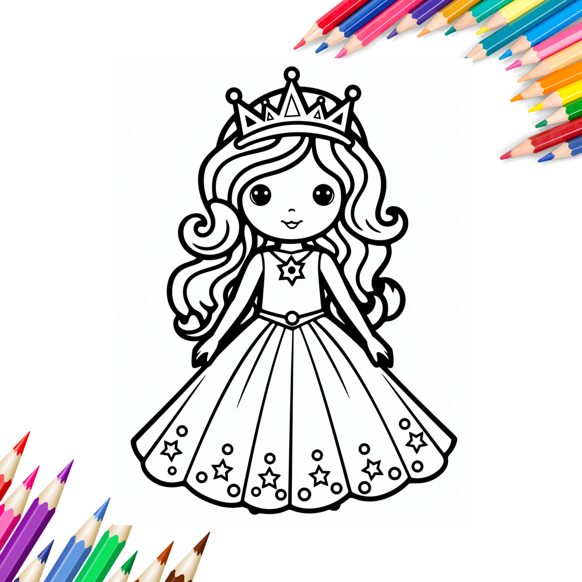 Easy Cute Little Princess Coloring Pages for Kids, 40 Kawaii Coloring ...