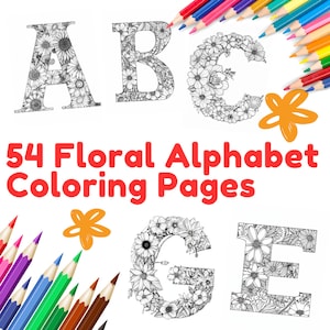 Alphabet floral facile à colorier, pages à colorier pour adultes, 54 livres à colorier de haute qualité, pages à colorier imprimables au format lettre et A4