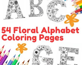 Easy Floral Alphabet coloring pages, Adult Coloring Pages, 54 High quality coloring books, Printable Letter and A4 size coloring pages