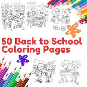 Páginas para colorir fáceis de volta às aulas para crianças, 50 páginas para colorir de volta às aulas para imprimir em tamanhos Carta e A4