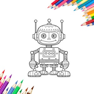 Puede incluir: Un dibujo en blanco y negro de un robot con una cara sonriente. El robot tiene una cabeza redonda con antenas, un cuerpo rectangular y brazos y piernas con articulaciones. El robot est&aacute; de pie con los brazos extendidos.