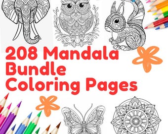 208 Animal Mandala Coloring Pages: Butterfly, Owl, Elephant (A4 Digital Download)