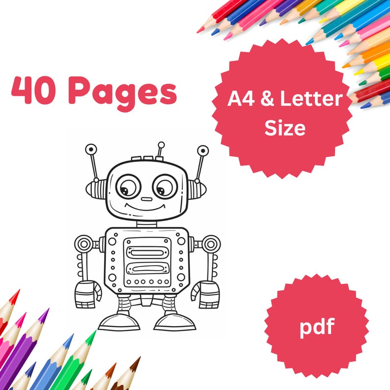 Puede incluir: Una ilustraci&oacute;n en blanco y negro de un robot con una cara amigable. La imagen es parte de un libro para colorear de 40 p&aacute;ginas para ni&ntilde;os. El libro para colorear est&aacute; disponible en tama&ntilde;o A4 y Letter y en formato PDF.