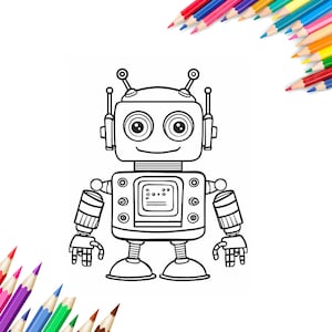 Puede incluir: Un dibujo en blanco y negro de un robot con una cara sonriente. El robot tiene dos antenas, dos brazos y dos piernas. El robot est&aacute; de pie sobre un fondo blanco.