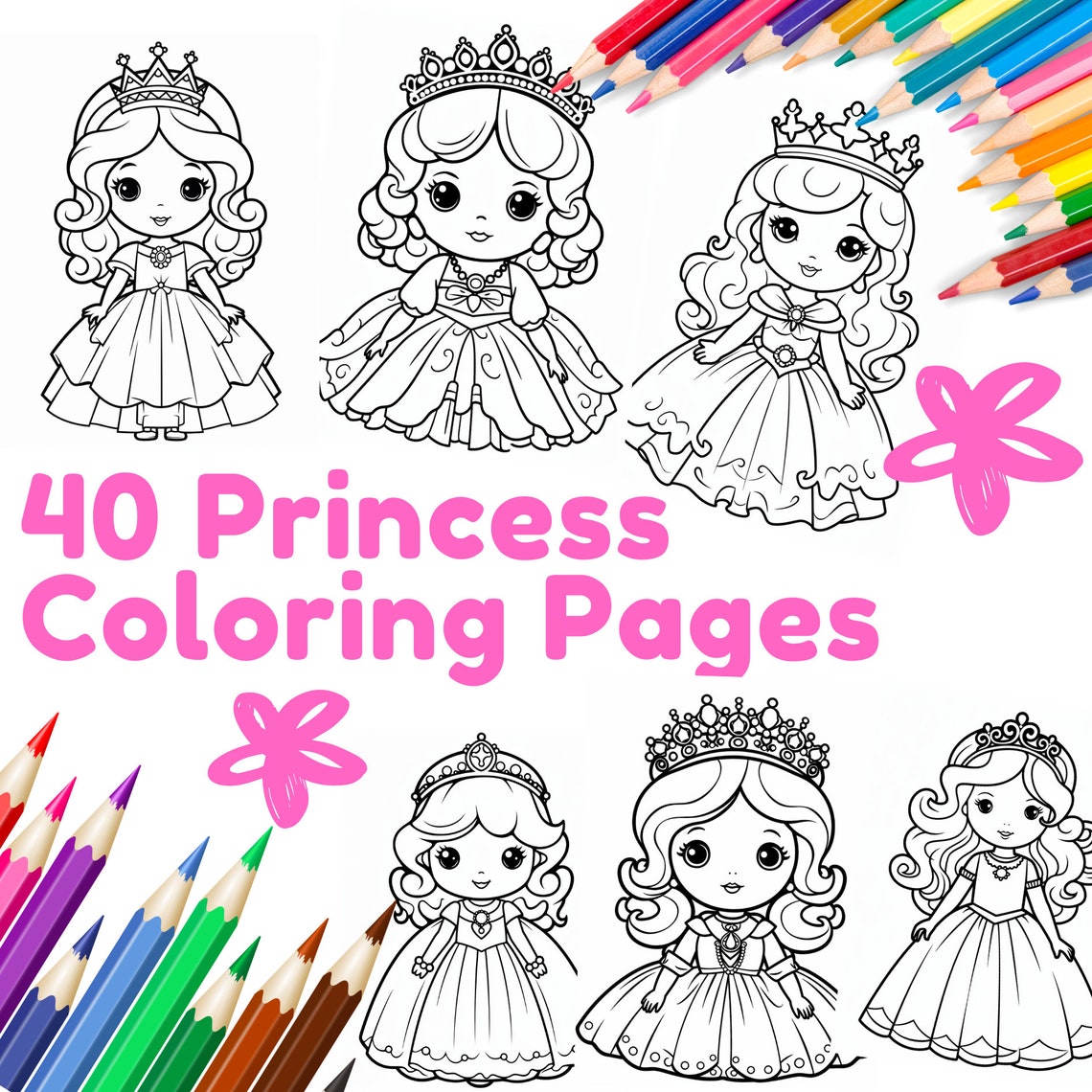 Easy Cute Little Princess Coloring Pages for Kids, 40 Kawaii Coloring ...
