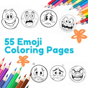 Peut inclure: Dessins au trait noir et blanc de différents visages d'emoji, dont un visage souriant, un visage surpris, un visage triste et un visage en colère. Le texte "55 Emoji Coloring Pages" est écrit en lettres bleues et blanches sur un fond bleu clair. Des crayons de couleur sont disposés autour des bords de l'image.