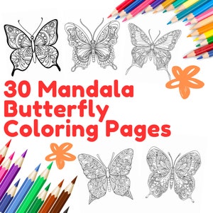 Páginas para colorear fáciles de Mandala y mariposas, Páginas para colorear para adultos, Libros para colorear de alta calidad, Páginas para colorear imprimibles de tamaño carta y A4.