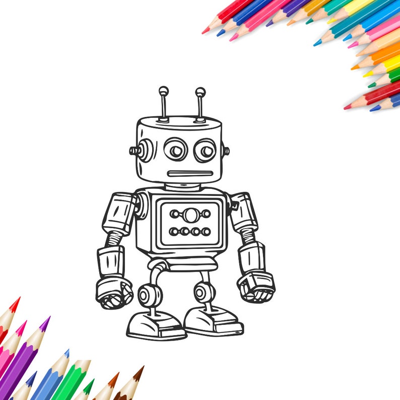 Puede incluir: Un dibujo en blanco y negro de un robot con una cabeza redonda, dos antenas y un cuerpo rectangular. El robot tiene dos brazos con manos, dos piernas con pies y un peque&ntilde;o panel rectangular en su pecho con cuatro c&iacute;rculos.