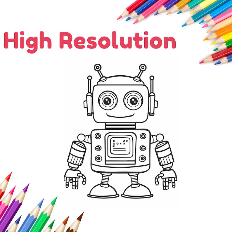 Puede incluir: Un dibujo en blanco y negro de un robot con ojos grandes y una sonrisa amigable. El robot tiene antenas, brazos, piernas y un cuerpo rectangular con una pantalla y botones. La imagen es adecuada para colorear.