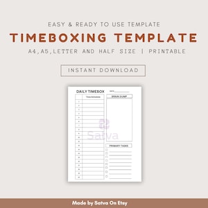 Op de afbeelding: Printbare timeboxing-sjabloon in zwart-wit met de tekst "DAILY TIMEBOX" bovenaan. De sjabloon bevat secties voor "Time Schedule", "Brain Dump" en "Primary Tasks".