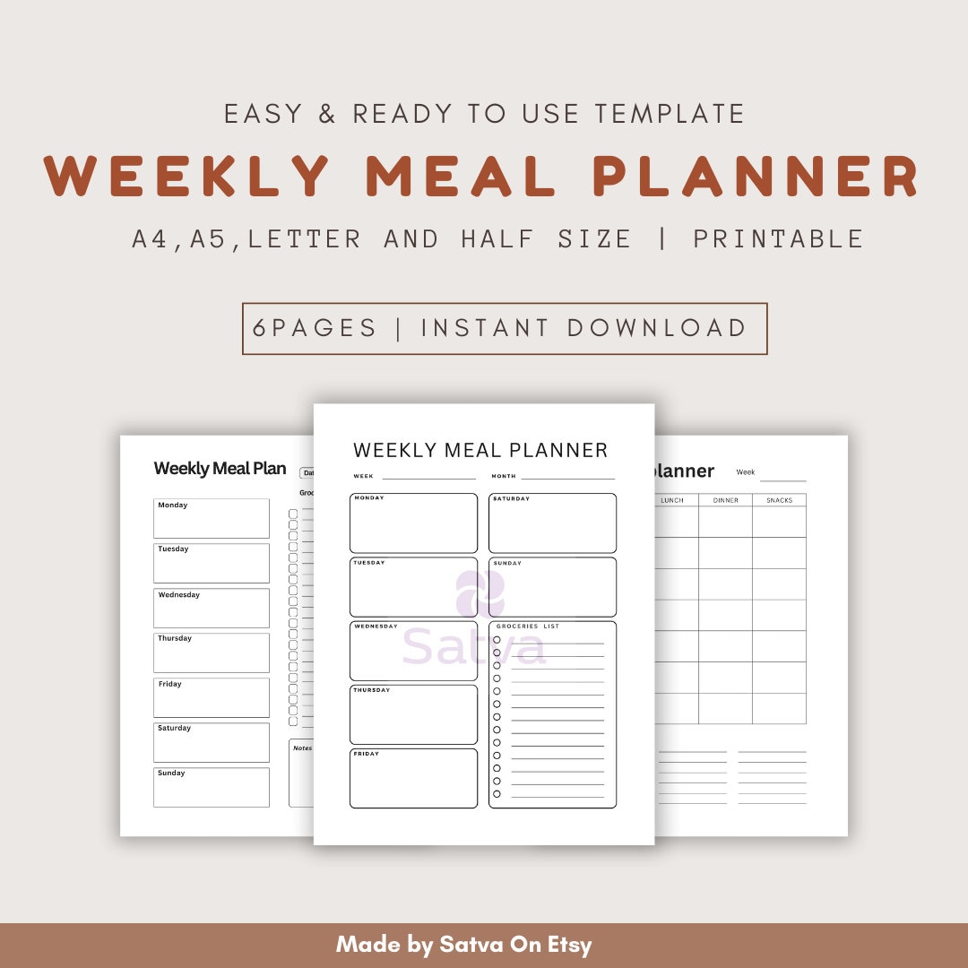 Weekly Meal Planner Printable Bundle: A4, A5, Letter Sizes (digital