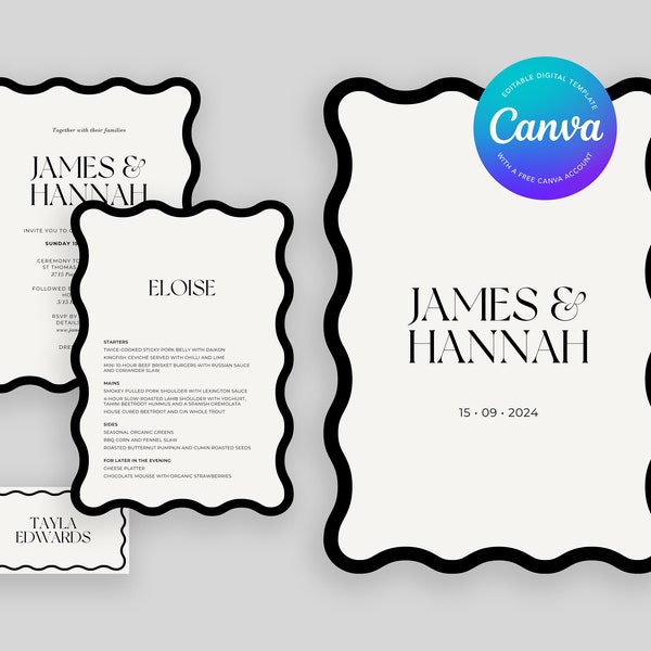 Black & White Wedding Stationery Suite | Editable Canva Digital Template | Instant Download | Wavy Scalloped Edge | Printable Stationery