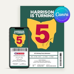 May include: A green and yellow birthday invitation for a 5-year-old boy named Harrison. The invitation is designed to look like a ticket to an Australian Rules Football (AFL) game. The invitation includes the date, time, and location of the party, as well as a request to dress in sports colours. The invitation also includes the text "Harrison is turning 5" and a signature.