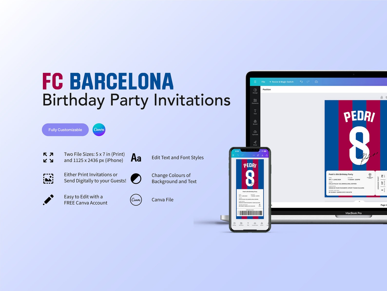 Editable FC Barcelona Birthday Invitation | Canva Digital Template