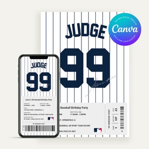 May include: A baseball-themed birthday party invitation with a white and blue striped background. The invitation features the name "JUDGE" and the number "99" in a navy blue font. The invitation also includes a ticket with the text "VIP Admission Ticket" and the text "Baseball Birthday Party" with the date, time, and location of the party.