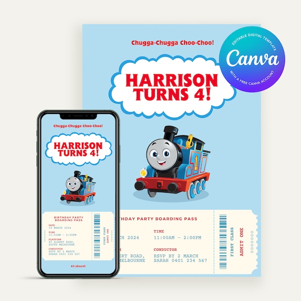 Editable Thomas The Tank Engine Birthday Invitation | Canva Digital Template | Printable Party Invite | Children’s Birthday | Train Theme