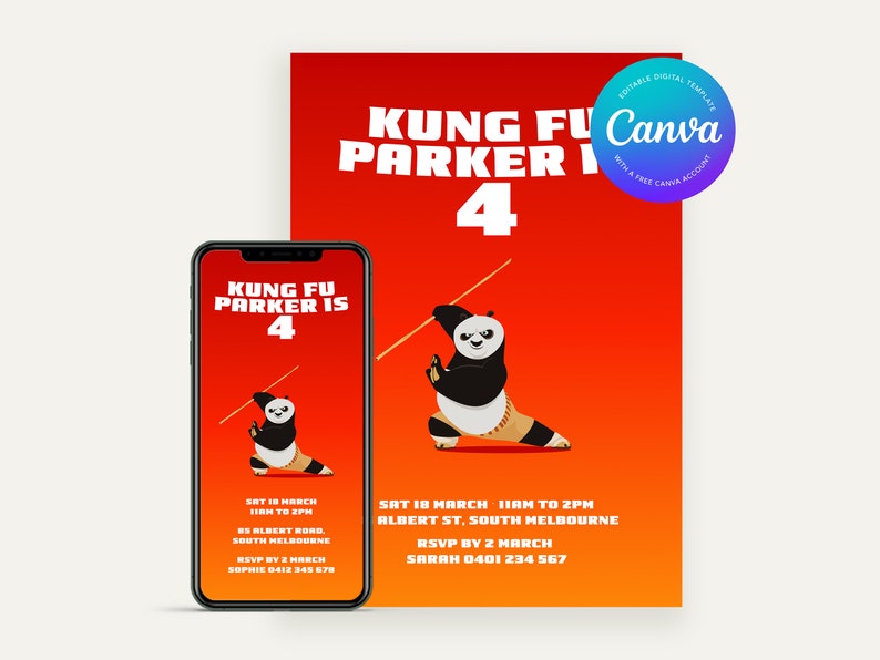 Editable Kung Fu Panda Birthday Invitation | Canva Digital Template ...