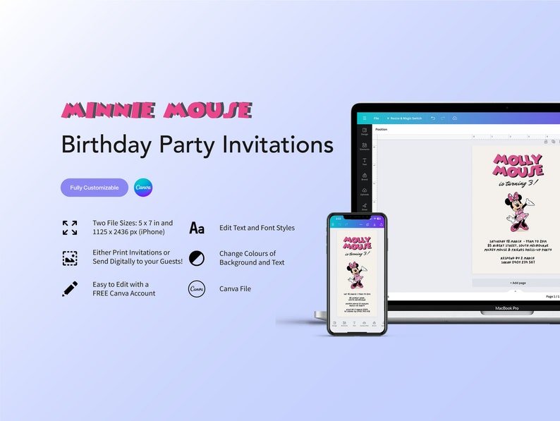 Editable Minnie Mouse Birthday Invitation | Canva Digital Template ...