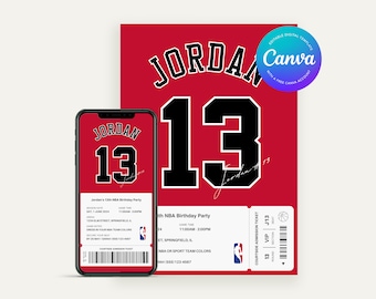 May include: A red and black basketball jersey with the name "JORDAN" and the number "13" on the front. The jersey is a digital template that can be edited using Canva.