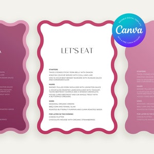 Printable Wavy Hens Menus | Editable A5 Size Template | Scalloped Edge Bachelorette Menu | Instant Download | Pink & Purple