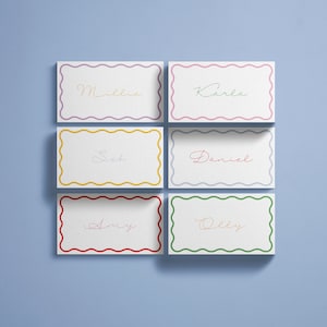 Tarjetas de lugar con curvas imprimibles / Borde ondulado / Borde de vieira / Tarjetas de eventos coloridas / Descarga instantánea / Plantilla Canva digital
