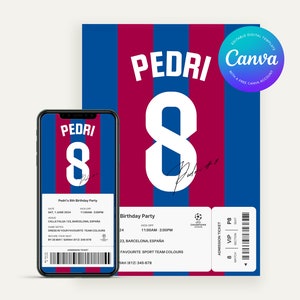 Faire-part d'anniversaire modifiable du FC Barcelone | Modèle numérique Canvas | Invitation de fête imprimable | Anniversaire d'un enfant | Thème du football