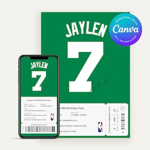 faire-part d'anniversaire modifiable des Boston Celtics | Modèle numérique Canvas | Invitation de fête imprimable | Anniversaire d'un enfant | Thème du basket-ball NBA