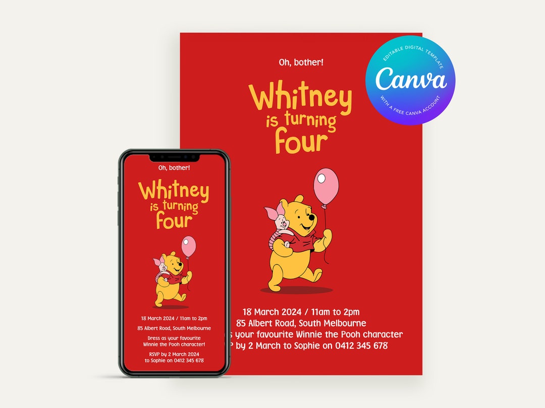 Editable Winnie the Pooh Birthday Invitation Canva Digital Template Editable Winnie the Pooh Birthday Invitation Canva Digital Template