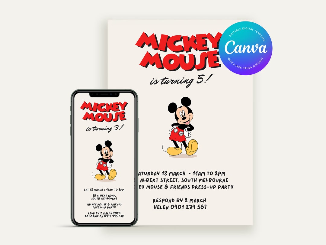 Mickey Mouse Birthday Invitation | Editable Canva Template (digital ...