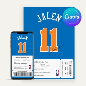 Invitation d'anniversaire modifiable des New York Knicks | Modèle numérique Canvas | Invitation de fête imprimable | Anniversaire d'un enfant | Thème du basket-ball NBA