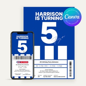 May include: A blue and white birthday party invitation for a boy turning five. The invitation features a ticket design with the text "HARRISON IS TURNING 5" and a barcode. The invitation also includes the text "AFL Birthday Party Admission" and details about the party, including the date, time, location, and contact information.
