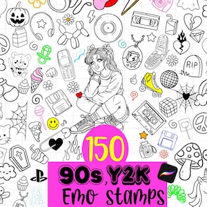 Y2K 90年代エモノスタルジックなProcreateスタンプデザイン！デジタルブラシ、キュートなProcreateスタンプ、エモコア、2000年代初頭のステッカー（デジタルダウンロード）