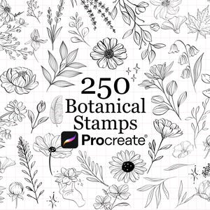 Pode incluir: Uma coleção de 250 ilustrações botânicas de arte linear em preto e branco dispostas em um fundo de grade. O texto central diz 250 Botanical Stamps Procreate, apresentando várias flores, folhas, galhos e pequenos ícones de estrelas.