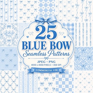 Puede incluir: Una colección de 25 patrones sin costuras de lazos azules con diseños de rayas, cuadros y motivos florales. La etiqueta central muestra el texto 25 BLUE BOW Seamless Patterns, JPEG PNG, 4000 x 4000 PIXELS, 300 DPI, COMMERCIAL USE.