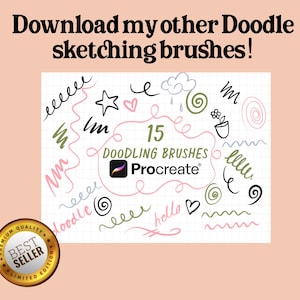 May include: A digital art product advertisement. The image features a white background with various doodle sketches in black, green, and pink. Text reads "Download my other Doodle sketching brushes!" and "15 DOODLING BRUSHES Procreate". A gold "Best Seller" badge is in the corner.