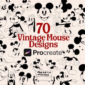 Puede incluir: Una colección de 70 ilustraciones en blanco y negro de ratones vintage con varias poses y expresiones. El texto 70 Vintage Mouse Designs aparece en rojo, junto a un logotipo de Procreate y un pequeño carro con la etiqueta Mickey & Minnie.