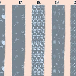 May include: Five vertical panels with different patterns on a gray background. The patterns include strawberries, bows, floral designs, and small flowers. The panels are separated by a light pink stripe.