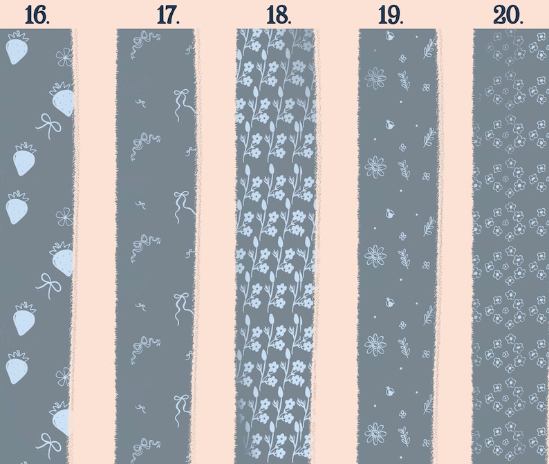 May include: Five vertical panels with different patterns on a gray background. The patterns include strawberries, bows, floral designs, and small flowers. The panels are separated by a light pink stripe.